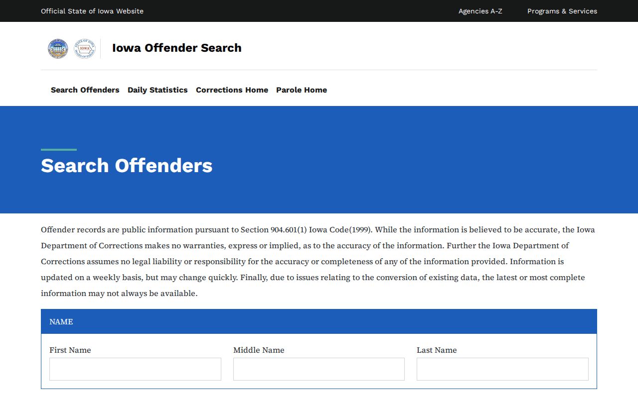 Iowa DOC offender search for Iowa County criminal custody records