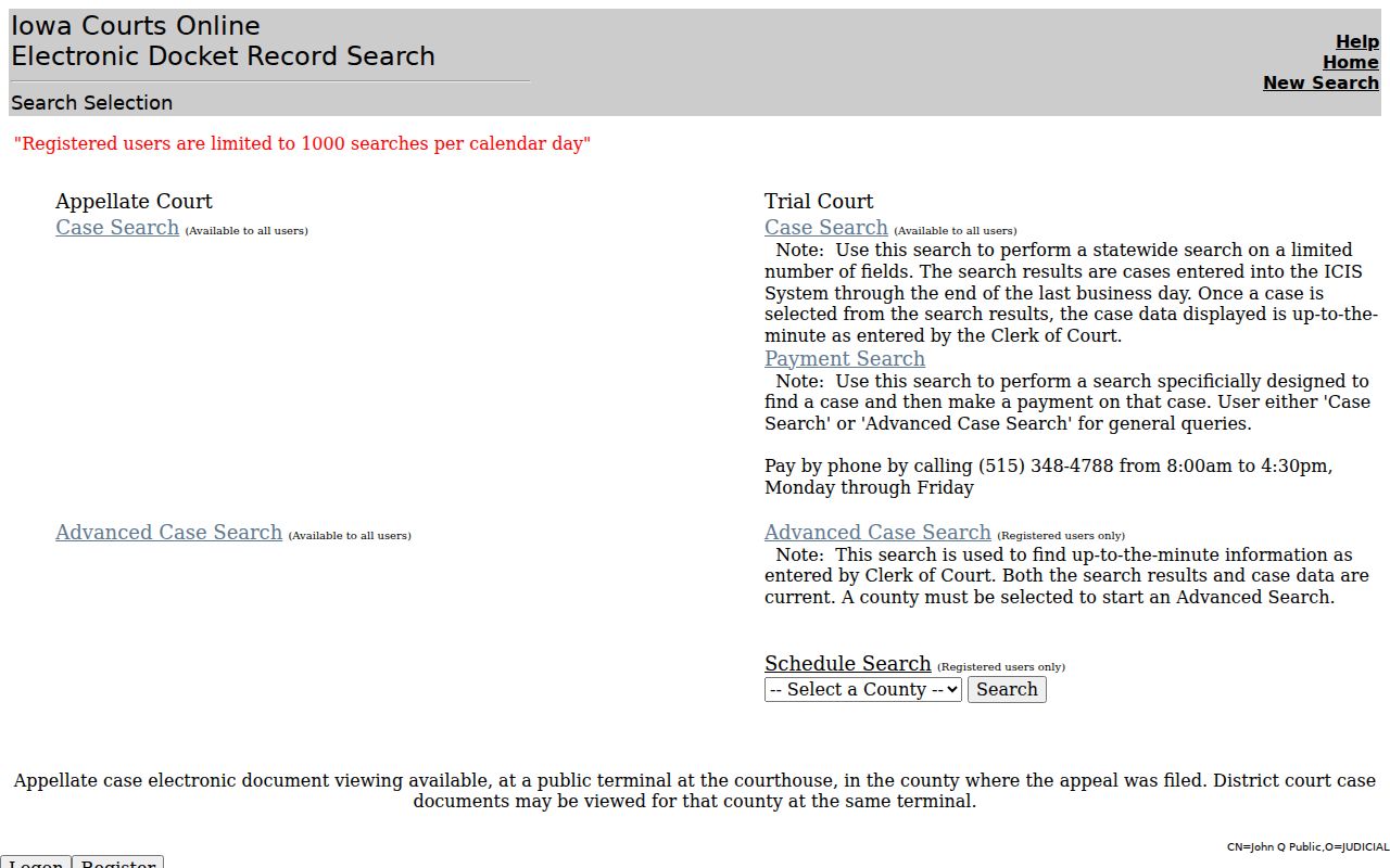 Iowa Courts Online search for Iowa County criminal court cases